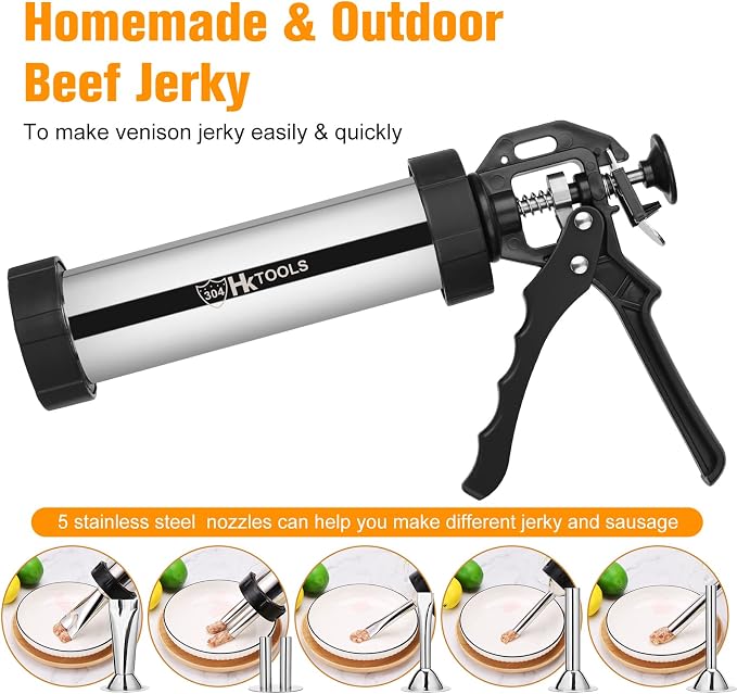 4rd Gen 2.1LB Jerky Gun Kits, Jerky Maker Gun, Beef Jerky Gun, Stainless Steel Sausage Stuffer Jerky Making Gun with 5 Stainless Nozzles, 2 Cleaning Brushes, 1 Stomper