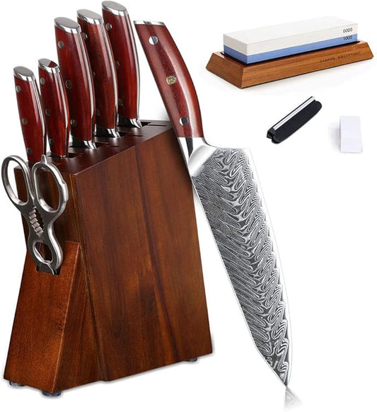 YARENH 8-Piece Kitchen Knife Set with Block,Damascus Chef Knife, 67-Layer High Carbon Stainless Steel,Sharp Rust-Resistant Blades,Sandalwood Handle