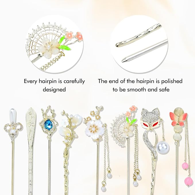 inSowni 8 Pieces Retro Vintage Asian Japanese Chinese Hanfu Rhinestone Gold Metal Flower Hair Sticks with Flower Pearl Crystal Fox Butterfly Hair Pins Forks Chopsticks Bun Updo Holders for Women Girls