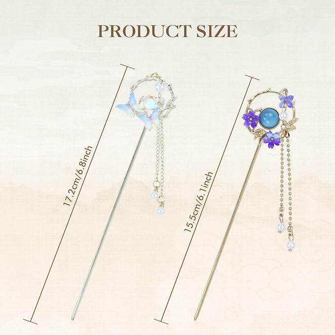 inSowni 8 Pieces Retro Asian Chinese Traditional Hanfu Butterfly Flower Metal Hair Sticks with Pearl Pendants Long Hair Pins Forks Chopsticks Bun Updo Holders for Women Girls