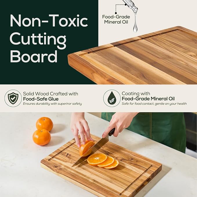 EZ FURNITURE Small (S) Teak Edge Grain Cutting Board, Reversible, Knife-Friendly Charcuterie Wood Cutting Board with Juice Groove & Handles, Non-Toxic, Gift Box Included (14" x 10" x 1")