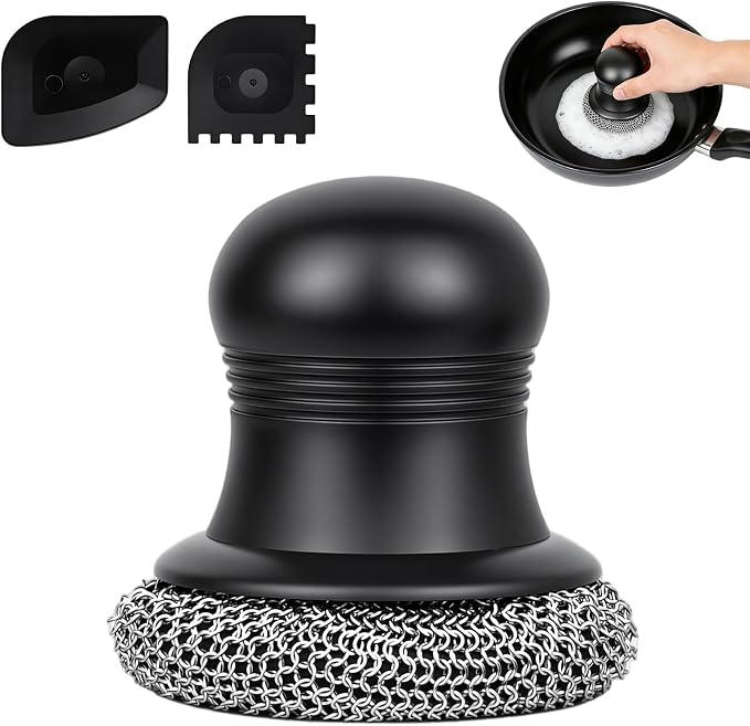 316 Upgraded Cast Iron Scrubber with Pan Scraper,Cast Iron Cleaner for Grill Pan Skillet Wok Carbon Steel,Ergonomic to Hold Easy to Use Dishwasher Safe ((Small Chain Mail))