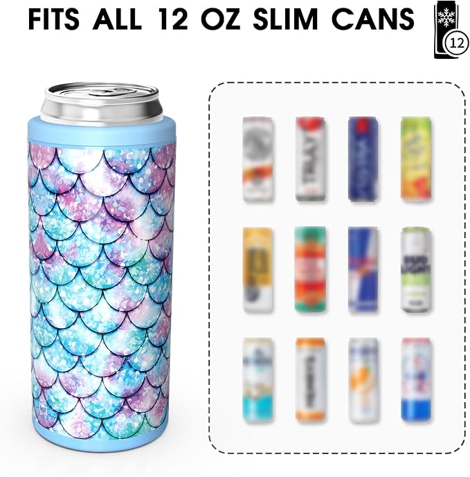 TILUCK Skinny Can Cooler, Stainless Steel Insulated Slim Cans, 12 oz | Beer & Hard Seltzer, Doucle-Walled Stainless Steel Insulated Slim Cans, Slim 12 oz(Fish Scales)