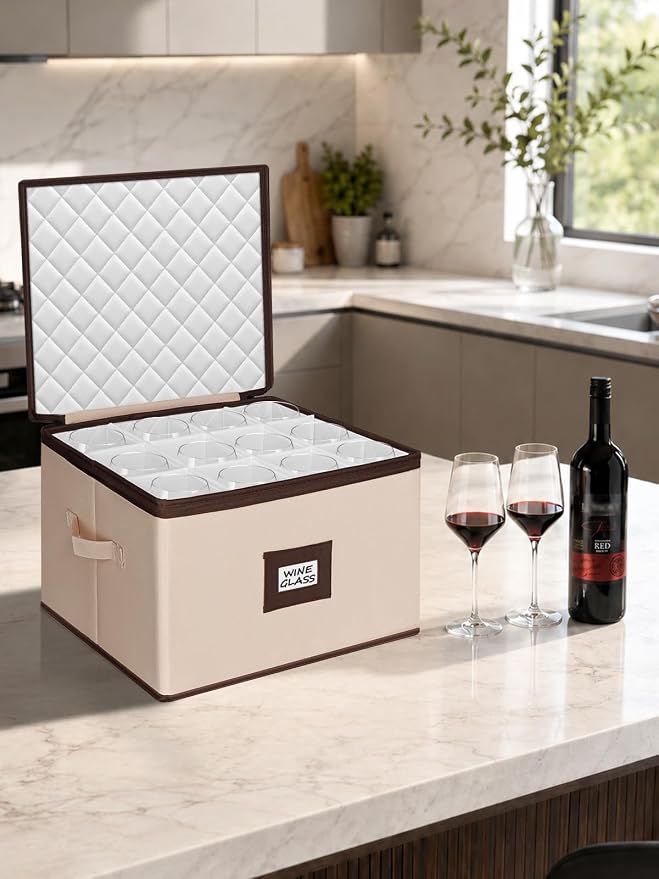 punemi Wine Glass Storage Box, 2-Pack Hard Shell Case with Padded Dividers | Hard shell support with dustproof lid and padded dividers, stackable for wine glasses, stemware and goblets, beige Set of 12