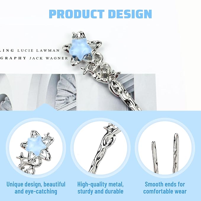 inSowni 8 Pieces Retro Vintage Asian Chinese Traditional Hanfu Fishtail Star Moon Butterfly Silver Metal Hair Sticks Long Hair Chopsticks Forks Bun Updo Holders Hairpins for Women Girls