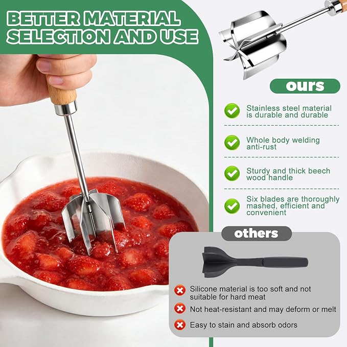 304 Stainless Steel Meat Chopper & Masher - Heavy Duty 6 Curve Blades Ground Beef Chopper Tool Potato Masher Hamburger Smasher Tool