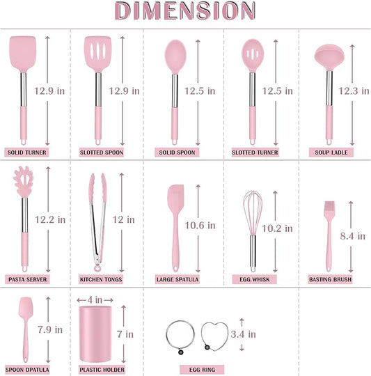 E-far Silicone Cooking Utensils Set, 14-Piece Pink Kitchen Utensils Set with Holder, Kitchen Tools Spatulas with Stainless Steel Handle for Non-stick Cookware, Heat Resistant & Dishwasher safe