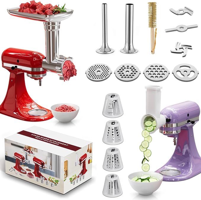 Meat Grinder & Cheese Grater Attachment for KitchenAid Stand Mixer | 21Pcs, 4 Grinding Plates, Metal Sausage Stuffer Tubes, 4 Slicer Shredder Attachment, Kitchen Aid Accessories and Attachments