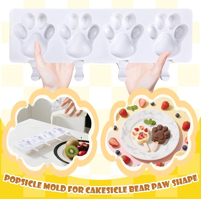 3 PCS Bear Paw Popsicle Molds - 4 Cavity Silicone Ice Cream Molds with 150 Wooden Sticks, Homemade Ice Pop Maker, Cakesicles
