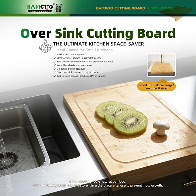 BAMOTTO CRAFTBAMBOO Bamboo Cutting Board for Kitchen 12.6"x17.7" Over-Sink | Detachable Front Lip | Reversible Dual Juice Grooves | Large Chopping Board for Bread Meat Vegetables