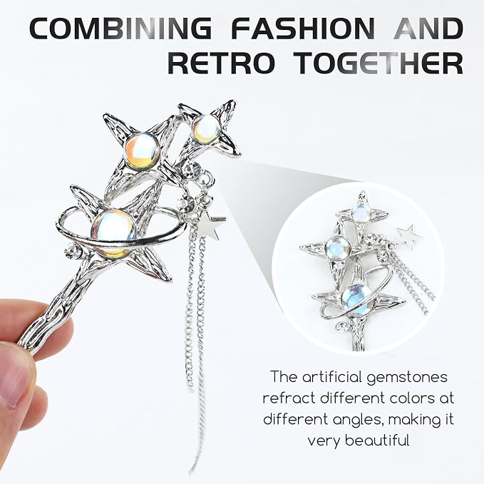 inSowni 8 Pieces Decorative Retro Crystal Pearl Silver Hair Sticks Pins with Pendants Asian Chinese Hanfu Cloud Star Lotus Flower Hair Forks Chopsticks Bun Updo Holders Long Hairpins for Women Girls