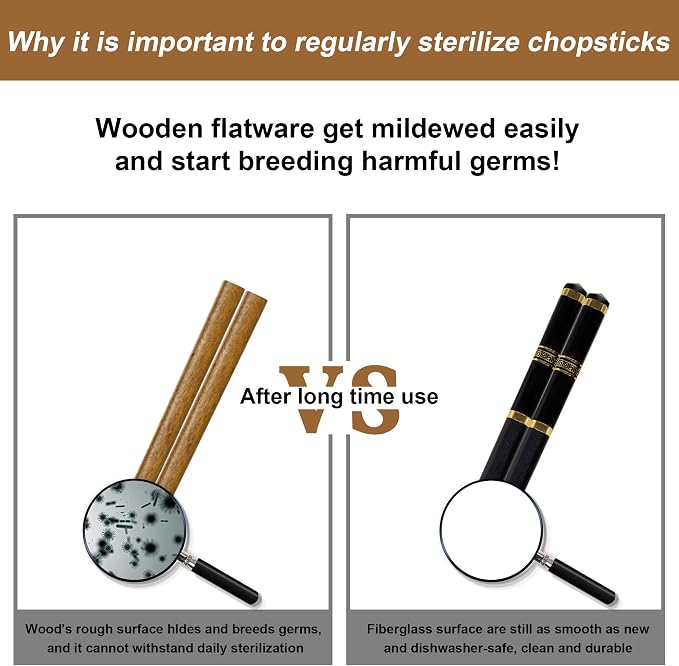 VIWIK 5 Pairs Premium Reusable Chopsticks Gift Set, BPA-Free Anti-Slip Fiberglass Gold Edged Stainless Steel Pipe Fittings Chop Sticks, Japanese Korean Chopstick Food-Grade Dishwasher Safe 9.6 Inch