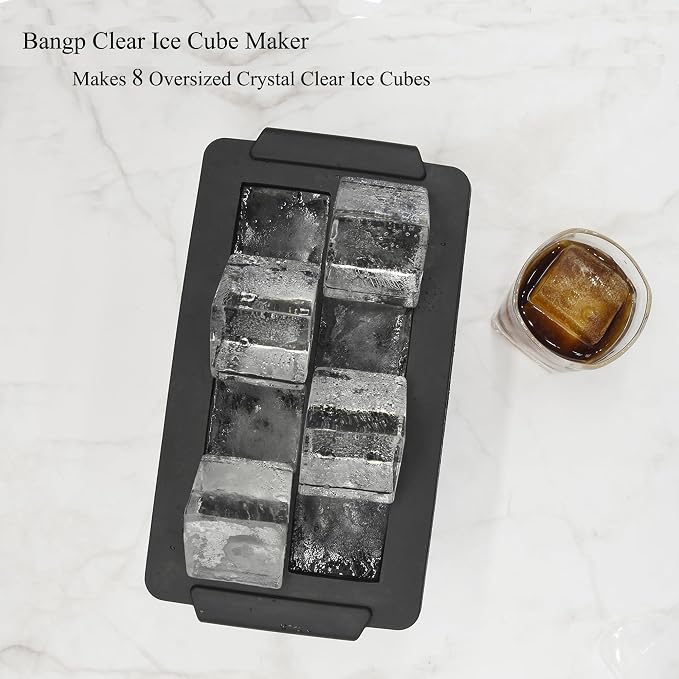 Bangp Crystal Clear Ice Cube Maker with Reusable Ice Storage Bag | Clear Ice Cube Mold with Lid Makes 8 Large 2" Square Pure Ice Cubes for Whiskey,Cocktails & Drinks,Whiskey Gifts for Men