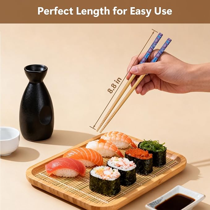 Antner 5 Pairs Reusable Bamboo Chopsticks Set with Ceramic Chopstick Rests, 8.8 Inch Japanese Style Chop Sticks with Holders for Sushi Ramen Asian Cuisine Lovers Gift Set, Black Elegant Packaging