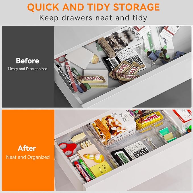 Criusia 36 Pack Large Clear Plastic Drawer Organizer Bins - 6 Size Acrylic Kitchen Drawer Organization and Storage for Utensils Gadgets, Office Bathroom and Vanity Organizer for Makeup Accessoires