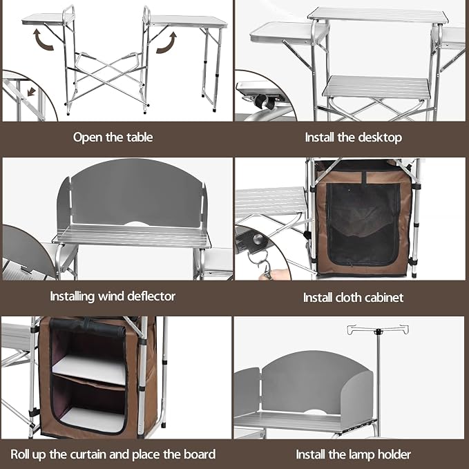 CampLand Folding Camping Kitchen Table with Windscreen,Portable Outdoor Cooking Station with Storage Cabinet & Side Tables Heavy Duty Camp Cook Station for Camping & BBQ（White）