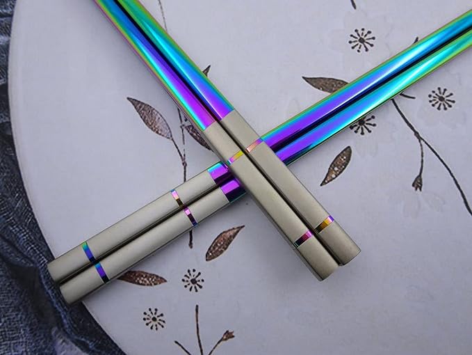 Albino Monkey Metal Chopsticks Reusable, 5 Pairs - Rainbow Iridescent Holographic Stainless Steel Chopsticks - Dishwasher Safe, Non-Slip, Extra Long 9" - Multicolor Japanese Sushi Gift Set