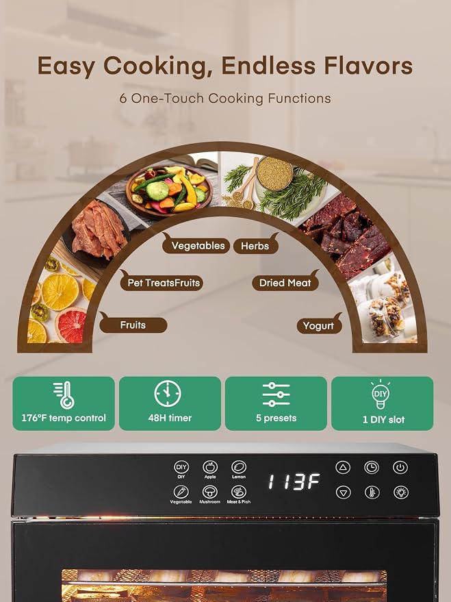 FOHERE Food Dehydrator 1000W 10 Trays with Digital Timer 176 Degrees | Large 9.04 square foot drying space with light. For dog treats, herbs, meat, fruit and yogurt.