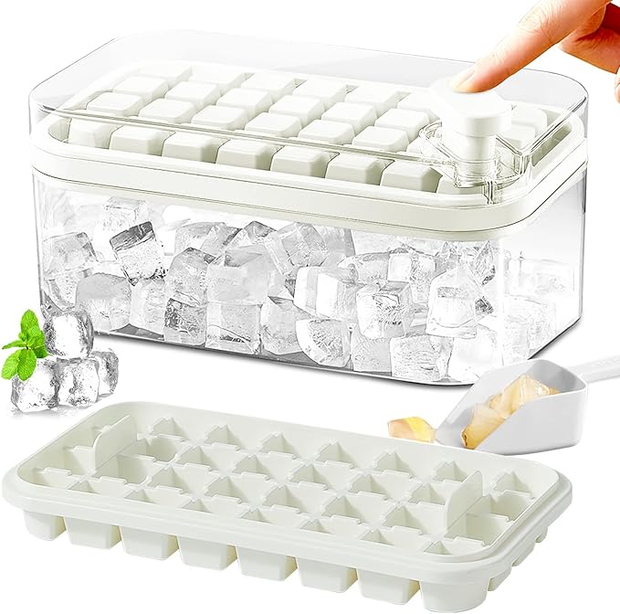 Ice Cube Tray with Lid and Bin, 2 Pack Ice Cube Trays for Freezer, 64 Pcs Ice Cube Mold, Press Button Easy Release Ice Tray, Small Ice Cubes Maker for Drinks (White)