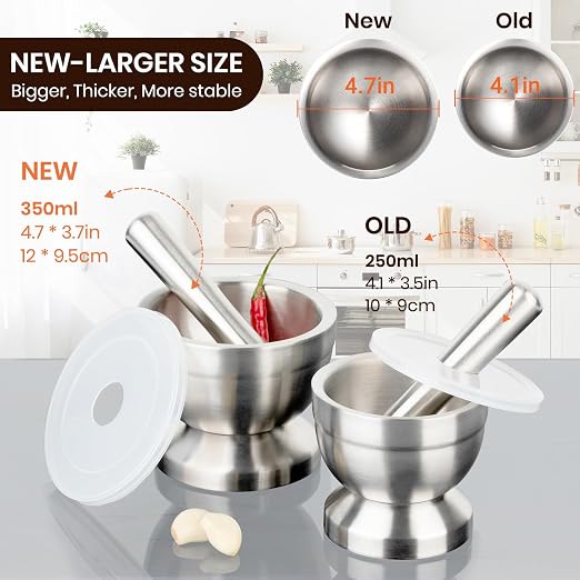 Tera 18/8 Stainless Steel Mortar and Pestle with Brush Spice Grinder Pill Crusher Herb Bowl Pesto Powder 1.5 Cup 350ml