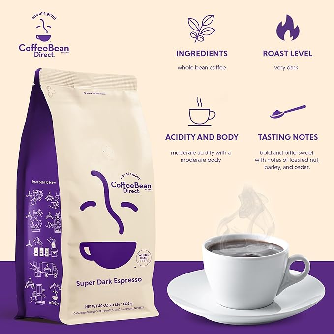 Coffee Bean Direct Super Dark Espresso, Whole Bean Coffee, Very Dark Roast, 2.5 Pound Bag (Pack of 1)
