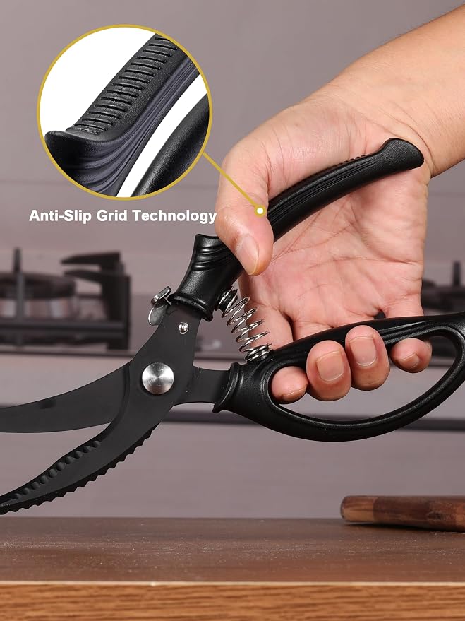 Poultry Shears, Kitchen Shears with Spring Loaded, Heavy Duty Poultry Scissors for Meat, Chicken,Turkey, Anti-Slip Handle,Safety Lock,Dishwasher Safe(Black)