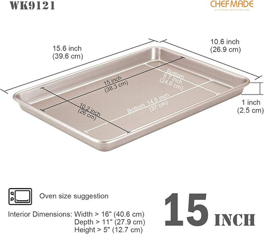 CHEFMADE 15-Inch Baking Sheet Pan, Non-Stick Carbon Steel Rimmed Cookie Sheet Pan for Oven Roasting Meat Bread Jelly Roll Battenberg Pizzas Pastries 10.6" x 15.6" x 1" (Champagne Gold)