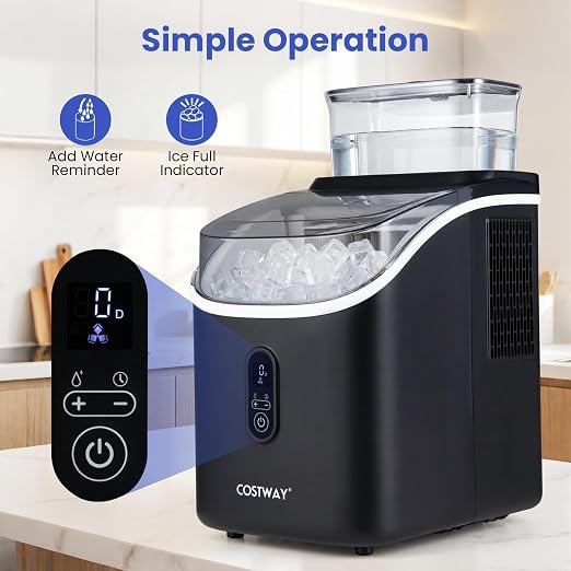 COSTWAY Countertop Ice Cube Maker with External Water Tank, 16Pcs Ready in 6 Mins, 34Lbs/24H Portable Ice Machine with 13 Thickness Levels, Self-Cleaning, 24H Reservation for Home Office Bar, Black
