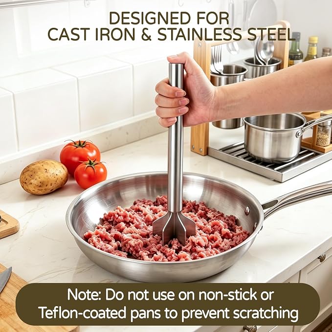Meat Masher Stainless Steel, Heavy Duty Ground Beef Masher, 6-Blademeat Meat Chopper Potato Masher Hamburger Smasher, Dishwasher Safe (L, Stainless Steel)