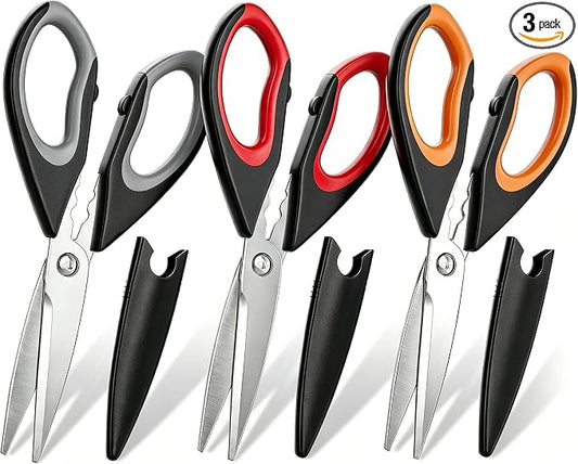 3 Pack Kitchen Scissors - Sharp Kitchen Shears | with Herb Stripping Hole All Purpose Stainless Steel Heavy Duty for Poultry Food Meat Dishwasher Safe with Protective Sheath