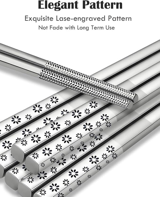 18/8 Stainless Steel Chopsticks Reusable, Cherry Blossoms, 5 Pairs | Metal,Gift Box Set,Dishwasher Safe, Square Lightweight, Non-Slip,Easy to clean