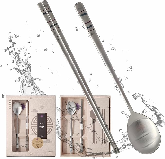 [5 Sets] [Made in Korea] Korean Sticky Rice Spoon Chopsticks Set Gold Titanium Plating 304 Stainless Steel Tableware Cutlery Set Mukbang Chopsticks (Stone Wall, 5 Sets)