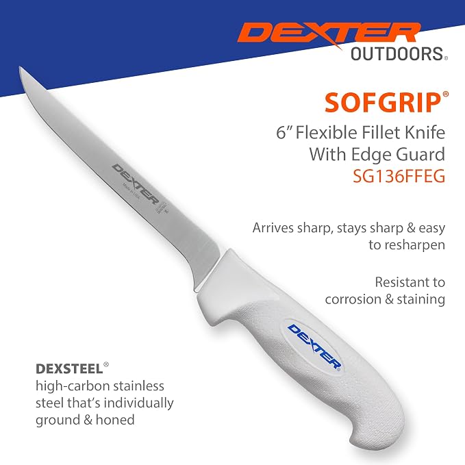 Dexter Outdoors SOFGRIP 6" Fillet Knife with Edge Guard, Stainless | High-carbon American stainless blade sized for panfish. Corrosion resistant with soft non-slip grip, edge guard included.
