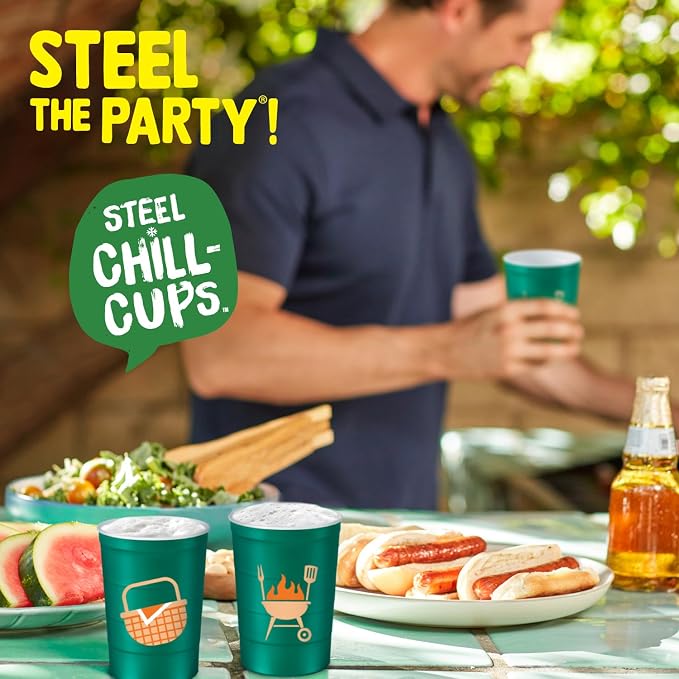 Steel Chill Cups 16 oz. Reusable Party Cups, Summer BBQ Grill, 12 Count | Made in USA from Steel these durable cups chill fast & keep your drink cold for longer, 100% recyclable for sustainablity