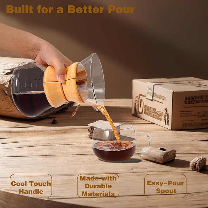 Pour Over Coffee Maker with Reusable Stainless Steel Drip Filter, Lead-Free Borosilicate Glass Coffee Carafe with Modern Wooden Collar for 1-6Cup, Circular Clear (800ml/27oz)