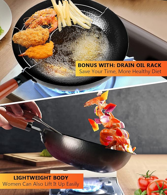 14 Piece Carbon Steel Wok Pan, Woks & Stir-Fry Pans Set with Wooden Lid Cookwares, No Chemical Coated Flat Bottom Chinese Pan for Induction, Electric, Gas, Halogen All Stoves - 12.6''