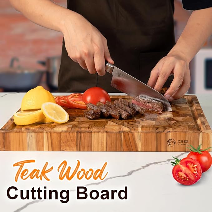 Large Teak Wood Cutting Board, End Grain Butcher Block for Kitchen, Big Wooden Kitchen Christmas, Thanksgiving Gifts for Hostess, Reversible, Hand Grips, Size 15.8x11x1.37 inch