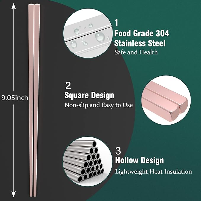 GLAMFIELDS Metal Chopsticks Reusable Chopsticks Dishwasher Safe Multipack Stainless Steel Japanese Style 5 Pairs Lightweight Chop Sticks Gift Set