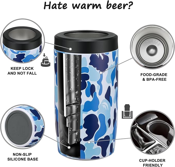 4-in-1 Slim Can Cooler Easy to Hold Insulated Beer Can Holder Double-walled Stainless Steel for All 12 Oz Cans (Camouflage Blue)