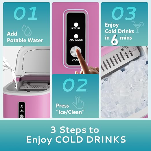 EUHOMY Countertop Ice Maker Machine with Handle, 26.5lbs Per Day, 9 Cubes in 6 Mins, Auto-Cleaning Portable Ice Maker with Basket and Scoop, for Home/Kitchen/Camping/RV (Pink)