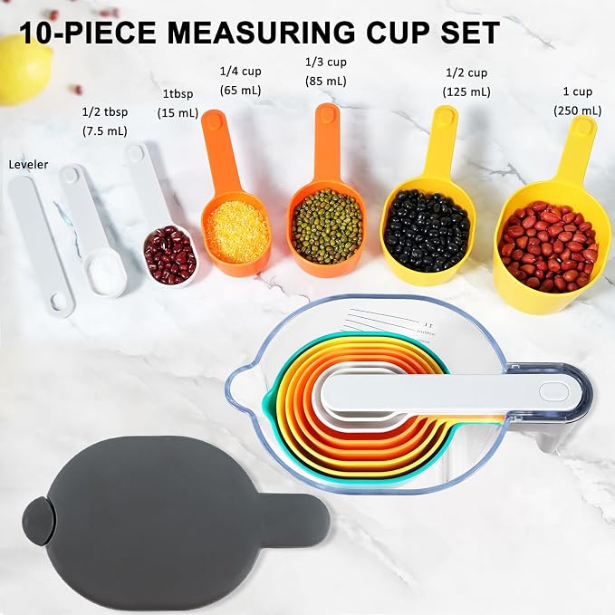 Stackable 10-Piece Measuring Cups and Spoons Set with Lids | Kitchen gadgets for cooking & baking. Includes 10 stackable cups & spoons. Dishwasher-safe. For liquid & dry, multicolor