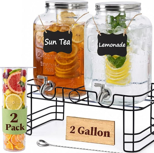 2 Gallon Glass Drink Dispensers for Parties, KIKCOIN 2 Pack Leakproof Beverage Dispenser with Stand & 18/10 Stainless Steel Spigot & Fruit Infuser -for Lemonade, Juice, Punch, Sangria