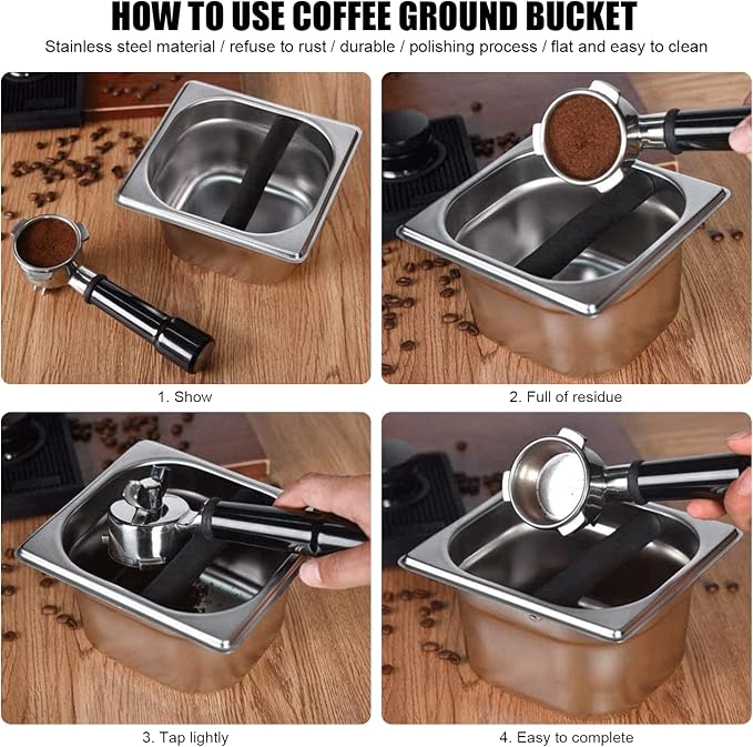Stainless Steel Espresso Knock Box with Rubber Bar for Storing Underneath Most Espresso Machines