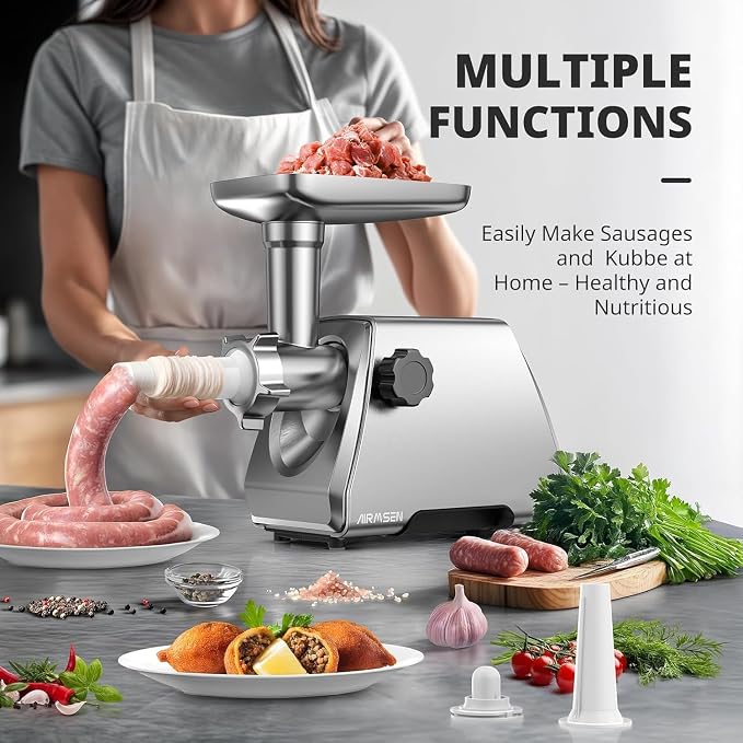 AIRMSEN Electric Meat Grinder & Mincer – Heavy Duty Professional Stainless Steel Sausage Maker & Stuffer with 3 Plates, 2 Stainless Blades & Kubbe Kit – Fast, Quiet, Easy to Clean for Home Kitchen Use