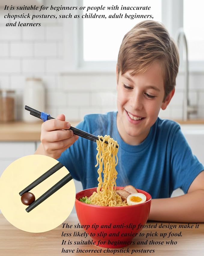 Reusable Chopsticks for Beginner- Fiberglass Training Chop sticks Helpers Set, 5 Pairs Non-Slip Black Chopsticks With Helper, Pretty Classic Style Chop Sticks Dishwasher Safe 9.45Inch