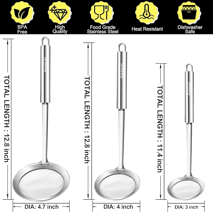 Anaeat Stainless Steel Fat Skimmer Spoon - Set of 3 Professional Kitchen Fine Mesh Food Strainer and Hot Pot Skimmer with Long Handle for Skimming, Cooking, Frying, Grease, Gravy and Foam (3"+4"+4.7")