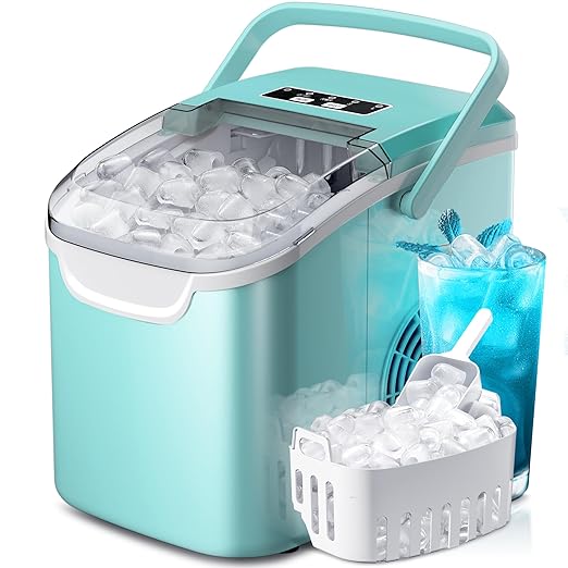 Portable Ice Maker Machine with Handle, 26lbs/24Hrs, 6Mins/8 Ice Cubes, Self-Cleaning with Basket/Scoop, Countertop Ice Makers for Home/Kitchen/Office(Green)