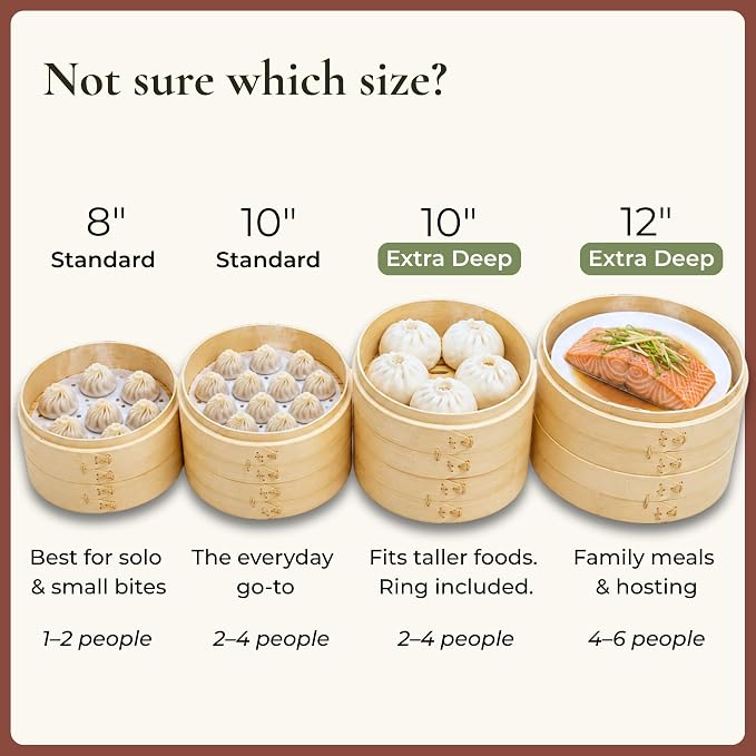 Bamboo Steamer Basket 12-Inch, 2-Tier Dumpling Steamer Cooking | ncl. Silicone Liners, Sauce Dish, Chopsticks - Small Steam Baskets - Food, Dim Sum, Bao Bun, Momo, Rice, Vegetables