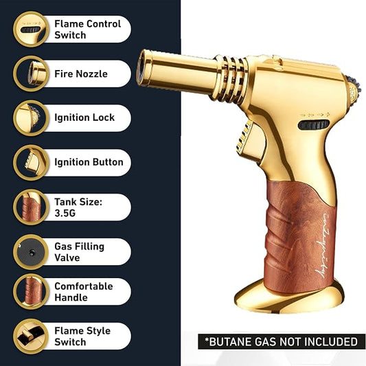 Dual Flame Butane Torch Gun – Refillable Handheld Mini Blow Torch for Cooking, Crème Brûlée, Welding, Soldering, Resin Art – Adjustable Flame & Ignition Lock–Limited Gold Brown by inZaynity