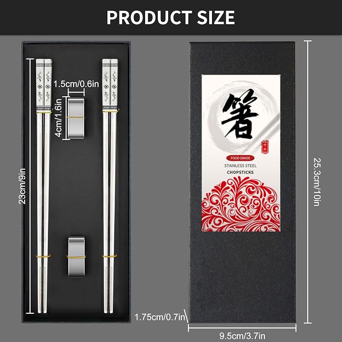 Metal Chopsticks Reusable 2 Pairs: Stainless Steel Chopstick with Two Holders Set ,Dishwasher Safe,Non-Slip,Gift Box Packaging,Laser Engraved,Japanese Chinese Korean Chop Sticks for Cooking Eating